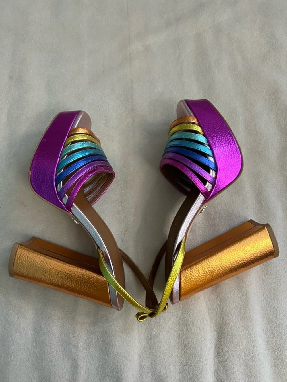 🌈 Kurt Geiger London Rainbow Platform Heels 💖 Metallic Slingback Block Heel 36.5